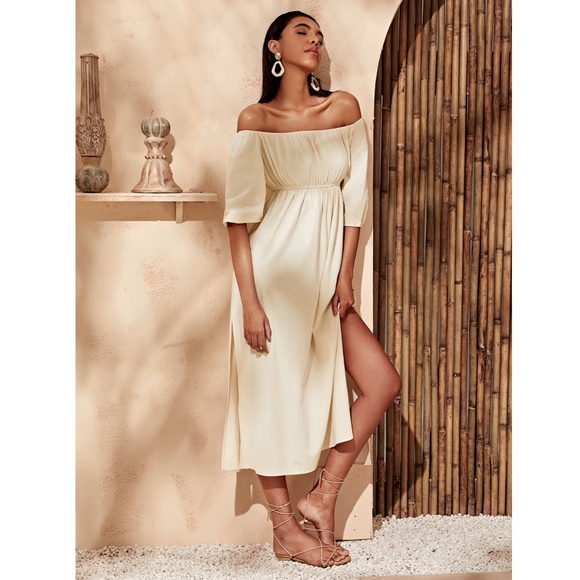 Rouge! Dresses & Skirts - Off Shoulder Beige Boho Dress with Leg Slit
